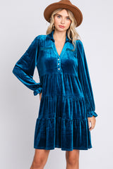 Teal Velvet Long Sleeve Tiered Collared Dress