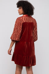 Rust Velvet Lace Sleeve Collared Tiered Dress