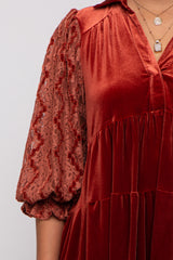 Rust Velvet Lace Sleeve Collared Tiered Dress