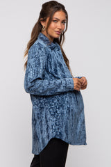 Blue Embossed Floral Velvet Maternity Blouse