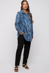 Blue Embossed Floral Velvet Maternity Blouse