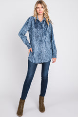 Blue Embossed Floral Velvet Blouse