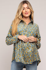 Teal Floral Corduroy Maternity Button Up Top