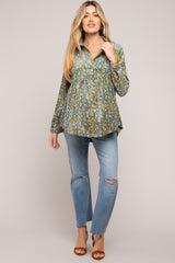 Teal Floral Corduroy Maternity Button Up Top