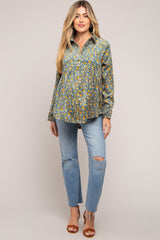 Teal Floral Corduroy Maternity Button Up Top