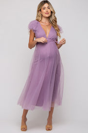 Lavender Deep V-Neck Tulle Flutter Sleeve Maternity Midi Dress