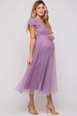 Lavender Deep V-Neck Tulle Flutter Sleeve Maternity Midi Dress