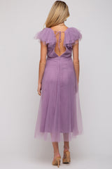 Lavender Deep V-Neck Tulle Flutter Sleeve Maternity Midi Dress