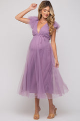 Lavender Deep V-Neck Tulle Flutter Sleeve Maternity Midi Dress