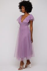 Lavender Deep V-Neck Tulle Flutter Sleeve Midi Dress