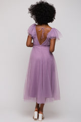 Lavender Deep V-Neck Tulle Flutter Sleeve Midi Dress