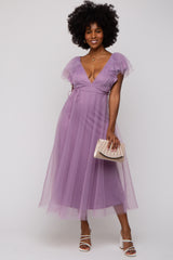 Lavender Deep V-Neck Tulle Flutter Sleeve Midi Dress