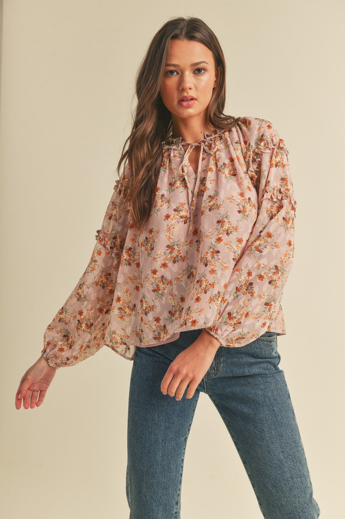 Dusty Rose and Cream Floral Flutter Sleeve Top