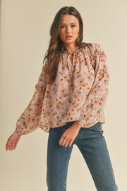 Dusty Pink Floral Ruffle Long Sleeve Top