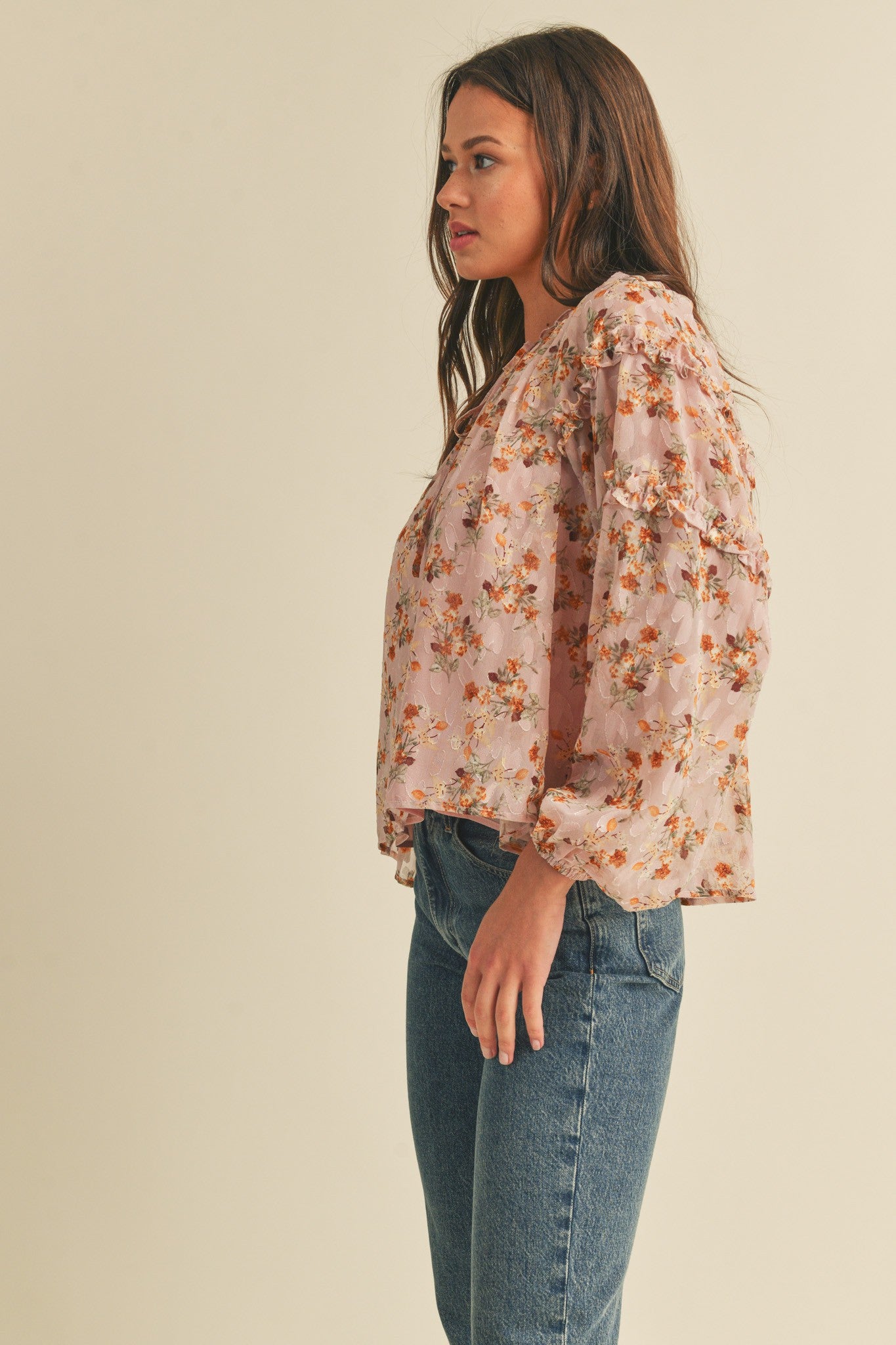 Dusty Rose and Cream Floral Flutter Sleeve Top