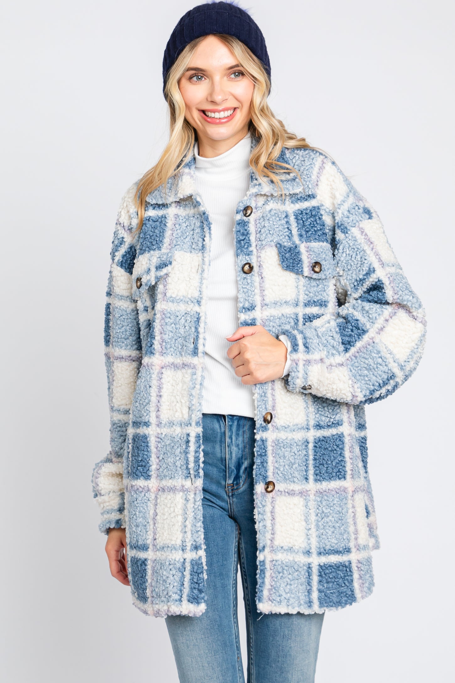 Buy Womens Sherpa Fleece Lined Flannel Shirt Jacket Warm Button Up Plaid  Shirt Jac (Sherpa Fleece Throughout) (Sky Blue, Small) at Amazon.in