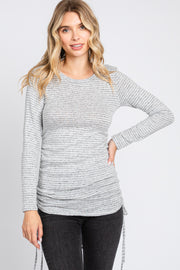 Heather Grey Striped Brushed Knit Ruched Top