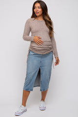 Taupe Striped Brushed Knit Ruched Maternity Top