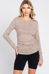 Taupe Striped Brushed Knit Ruched Top