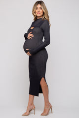 Black Ribbed Mock Neck Cutout Long Sleeve Maternity Midi Dress