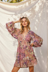 Pink Multicolor Floral Ruffle Balloon Sleeve Dress