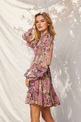 Pink Multicolor Floral Ruffle Balloon Sleeve Dress