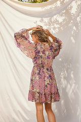 Pink Multicolor Floral Ruffle Balloon Sleeve Dress