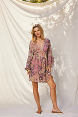 Pink Multicolor Floral Ruffle Balloon Sleeve Dress