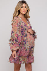 Pink Multicolor Floral Ruffle Balloon Sleeve Maternity Dress