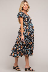 Black Floral Puff Sleeve Tiered Maternity Midi Dress