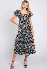 Black Floral Puff Sleeve Tiered Midi Dress