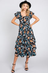 Black Floral Puff Sleeve Tiered Midi Dress