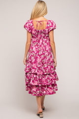 Magenta Floral Puff Sleeve Tiered Maternity Midi Dress