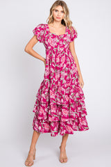 Magenta Floral Puff Sleeve Tiered Midi Dress