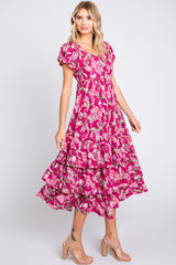 Magenta Floral Puff Sleeve Tiered Midi Dress