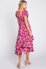 Magenta Floral Puff Sleeve Tiered Midi Dress