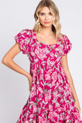 Magenta Floral Puff Sleeve Tiered Midi Dress