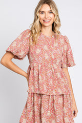 Rust Floral Puff Sleeve Tiered Midi Dress