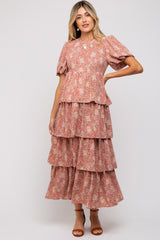 Rust Floral Puff Sleeve Tiered Maternity Midi Dress