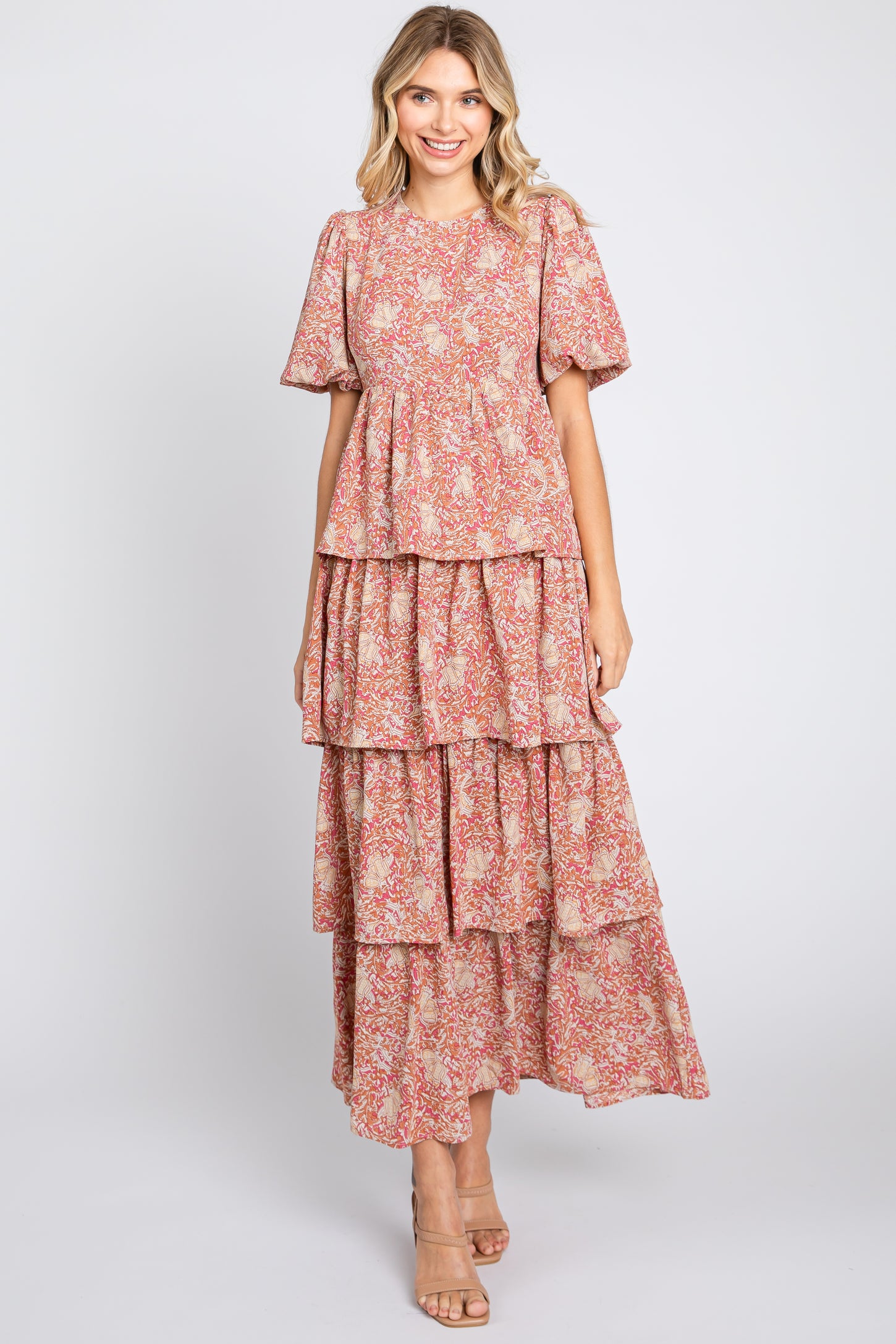 Rust Floral Smocked Tiered Maternity Midi Dress– PinkBlush