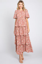 Rust Floral Puff Sleeve Tiered Midi Dress