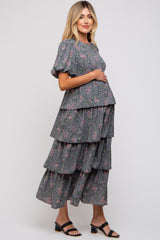 Forest Green Floral Puff Sleeve Tiered Maternity Midi Dress