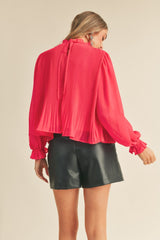 Pink Pleated High Ruffle Neck Top