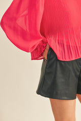 Pink Pleated High Ruffle Neck Top