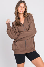 Brown Front Zipper Hooded Sweater