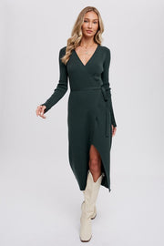 Hunter Green Ribbed Wrap Sweater Dress