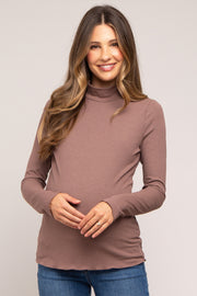 Brown Ribbed Long Sleeve Turtle Neck Maternity Top