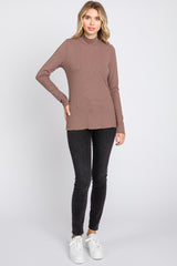 Brown Ribbed Long Sleeve Turtle Neck Top