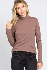 Brown Ribbed Long Sleeve Turtle Neck Top