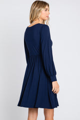 Navy Long Puff Sleeve Dress